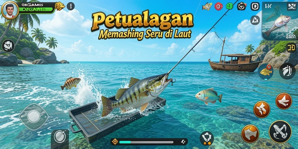Tampilan gameplay seru saat memancing di lautan yang luas.