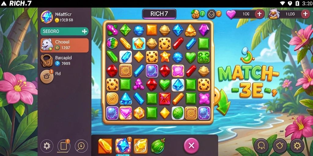 Tampilan gameplay Match-3 RICH7 yang seru dan penuh warna.