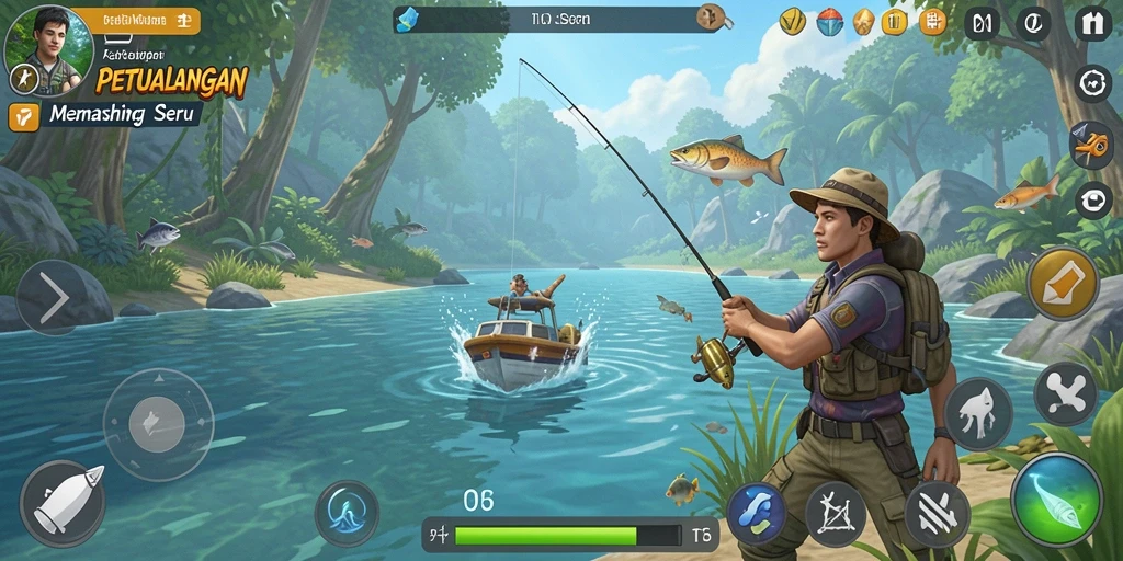 Screenshot utama T6 menampilkan aksi memancing yang mendebarkan.